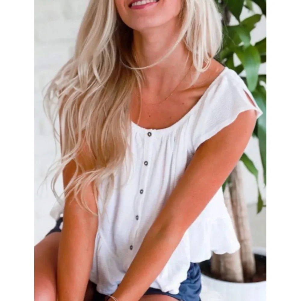 Free People Top Medium 8 10 White Wear 2 Ways Scoop or Cold Shoulder SOFT NWT